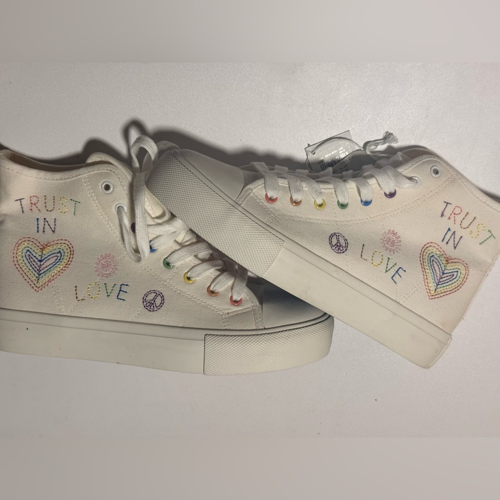 America Eagle 🦅- Canvas White High-Tops with Colorful Heart Accents